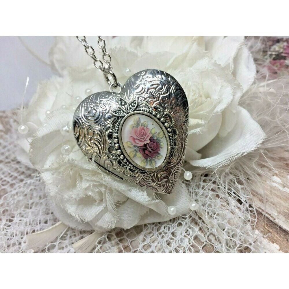 Red Pink Rose Flower Engraved Silver Heart Locket Necklace Victorian Jewelry